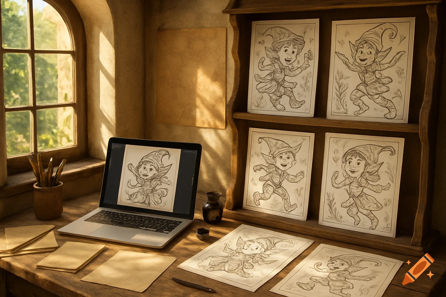 A sunlit desk with a laptop displaying an elf drawing, surrounded by printed elf coloring pages, next to a window.
