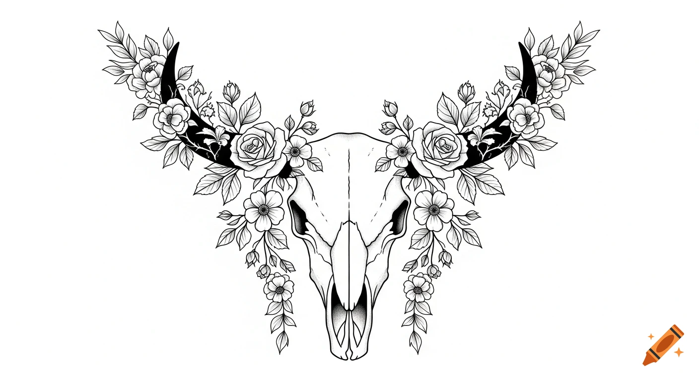 Symmetrical blackwork tattoo design of a bull skull with elegant horns, from which floral vines with roses and leaves grow, in a stencil style.