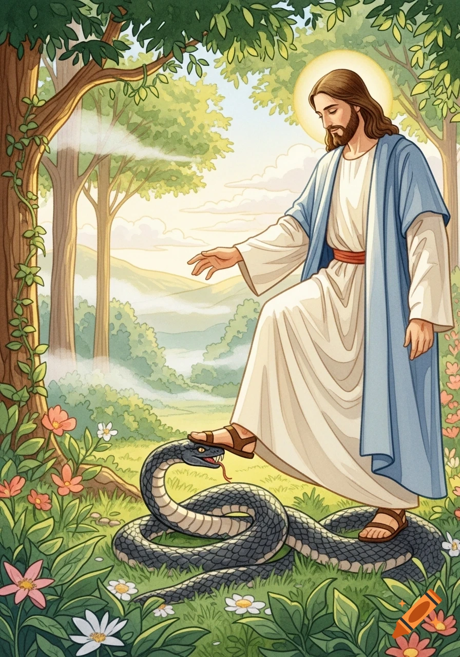 Children's book watercolor of Jesus stepping on a serpent's head in a lush garden.