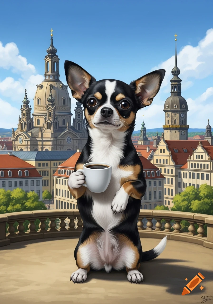 Cute chihuahua dog stands on a balcony, holding a coffee cup, with a detailed European city and blue sky in the background.
