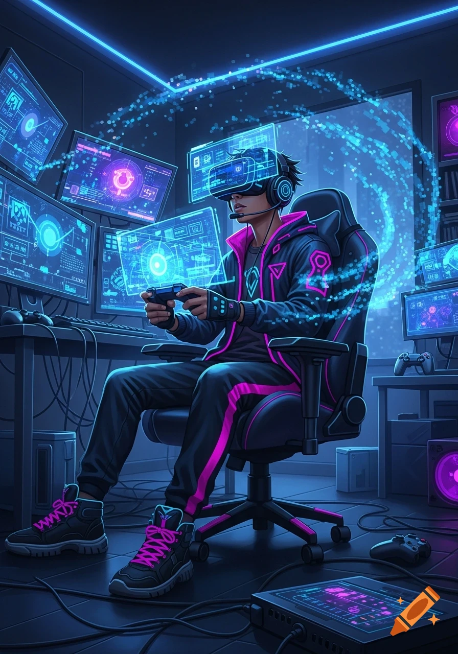 A gamer wearing a VR headset and headphones plays a game in a dark, futuristic room filled with glowing blue and pink computer screens.