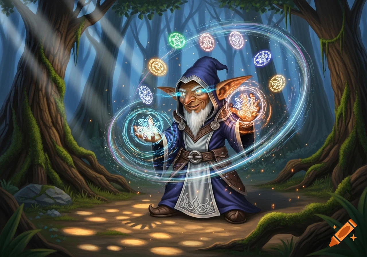 A wise-looking goblin gnome wizard casts spells, surrounded by glowing runes and magical energy in an enchanted forest, fantasy art style.