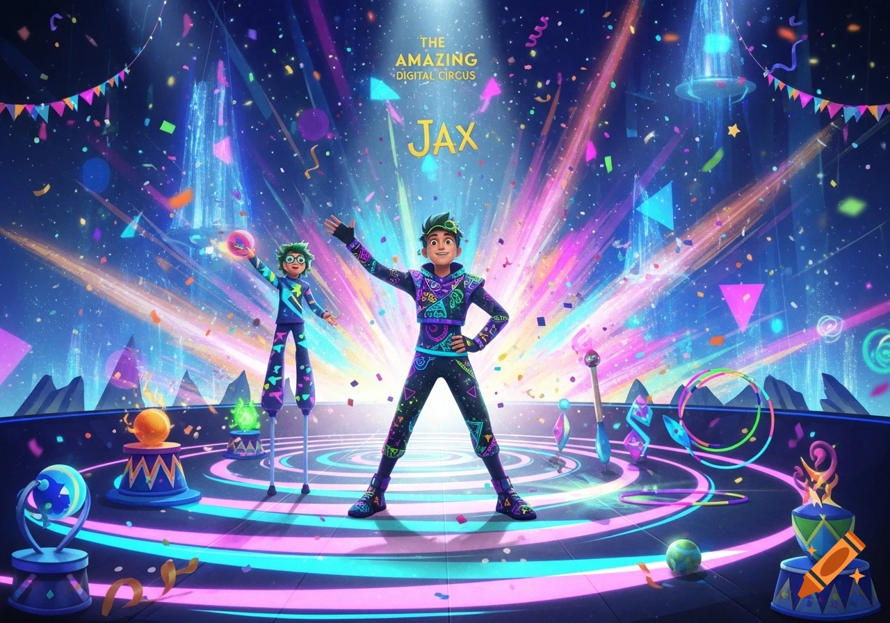 Two colorful cartoon characters, Jax and a smaller one on stilts, pose on a glowing digital circus stage with neon lights and falling confetti.