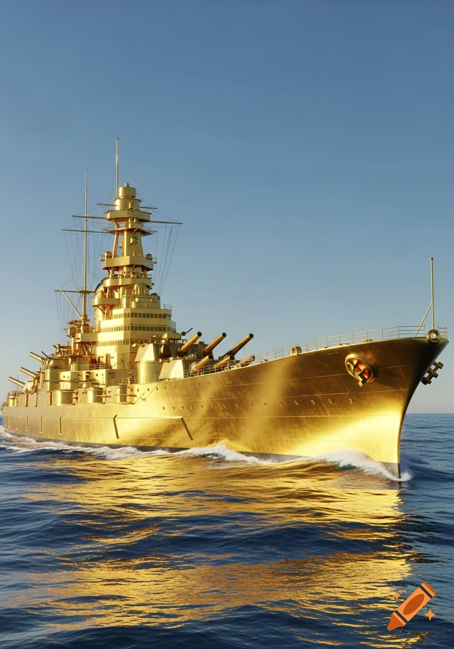 A majestic, photorealistic golden battleship sails through a blue ocean with a clear sky above, reflecting sunlight.