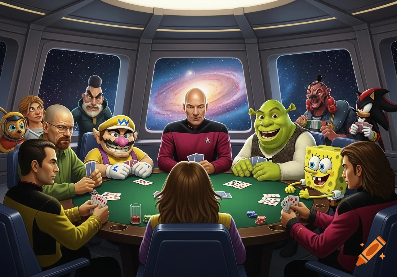 Captain Picard, Wario, Shrek, SpongeBob, Walter White, and Shadow the Hedgehog playing poker on a spaceship overlooking a galaxy.
