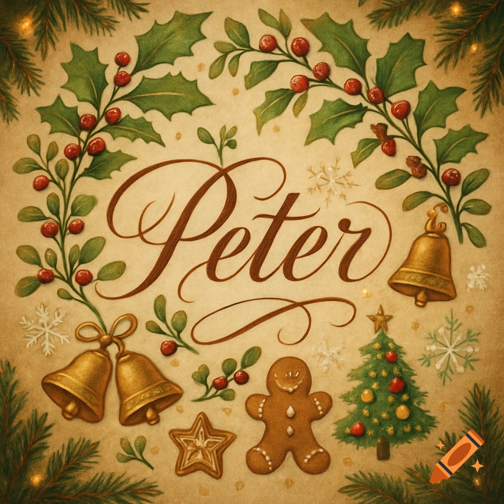 The name Peter in elegant calligraphy surrounded by Christmas holly, bells, a gingerbread man, and a decorated Christmas tree on a vintage background.