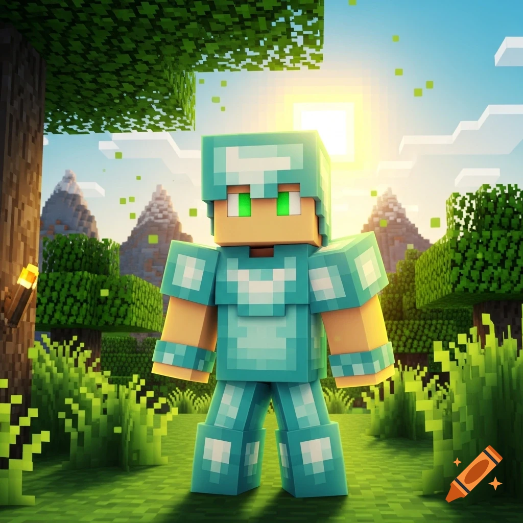 A blocky Minecraft character in full diamond armor stands in a vibrant ...