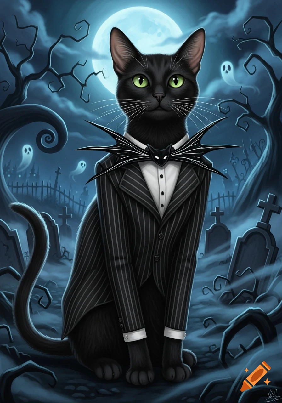 Stylized illustration of a black cat dressed as Jack Skellington in a spooky graveyard with a full moon and ghosts.