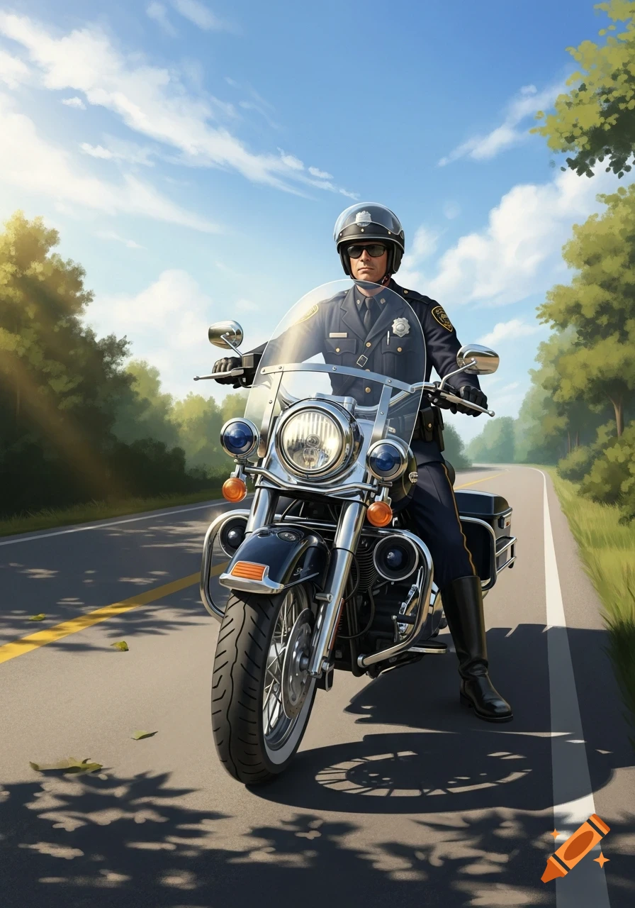 An illustrated police officer on a motorcycle on a sunny road lined with trees.