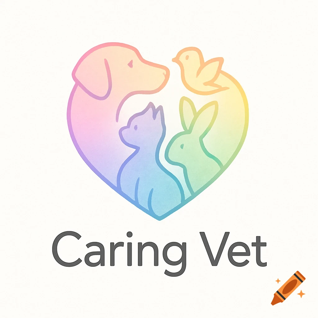 Rainbow pastel heart logo with silhouettes of a dog, cat, rabbit, and bird, with the text "Caring Vet" below.