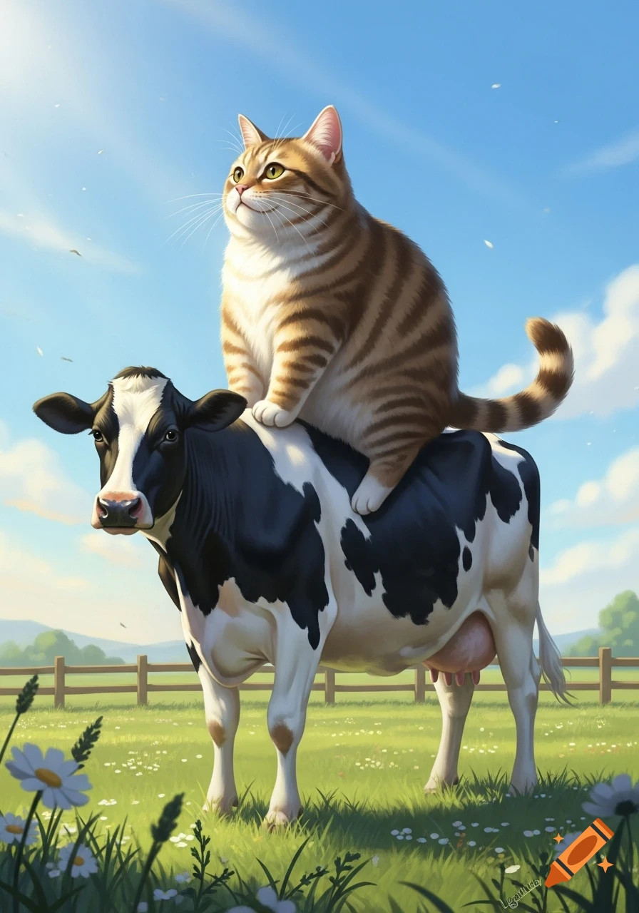 A tabby cat sits on the back of a black and white cow in a sunny green field with a blue sky, illustrated in a bright style.