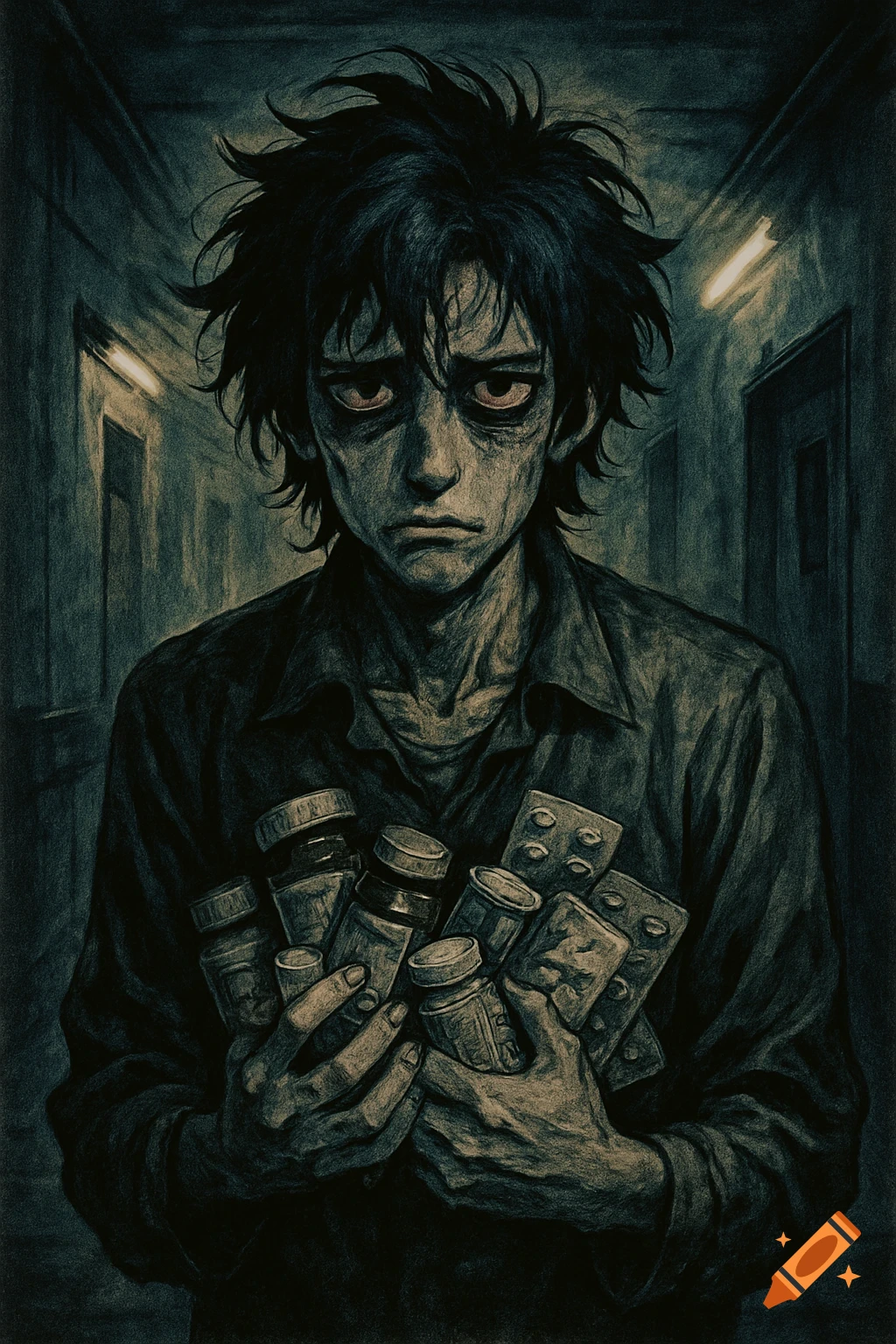 A distressed, gaunt anime-style character with messy dark hair and red eyes, stands in a dim hallway holding many pill bottles and blister packs.