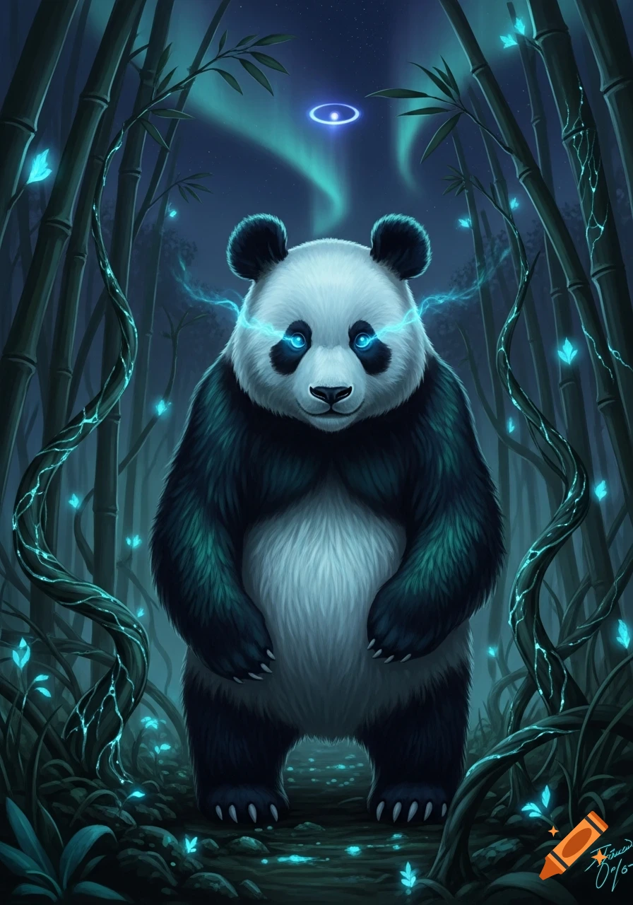 A stylized mutant panda with glowing blue eyes and electricity stands in a glowing bamboo forest under an aurora sky.