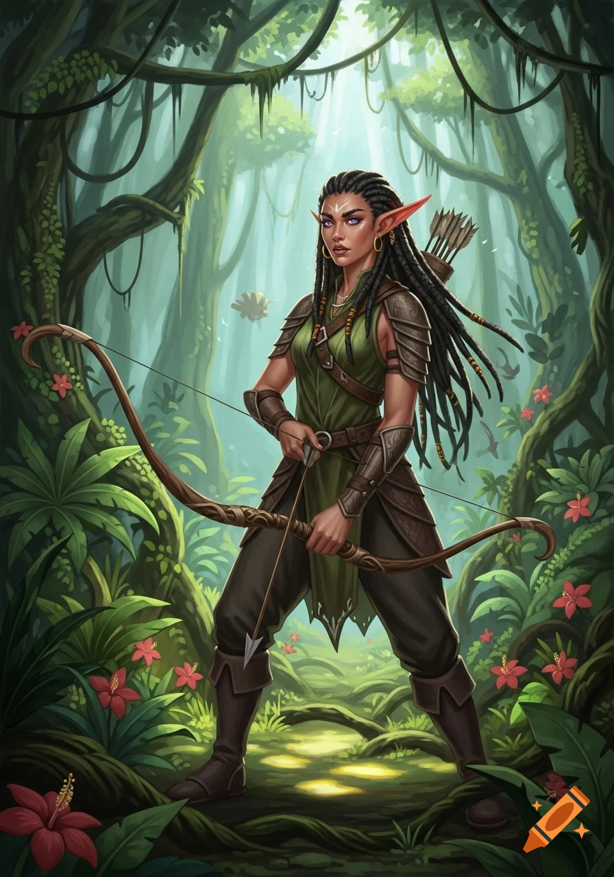 An elf ranger with tan skin, dreadlocks, and purple eyes holds a bow in a sunlit jungle, digital art style.