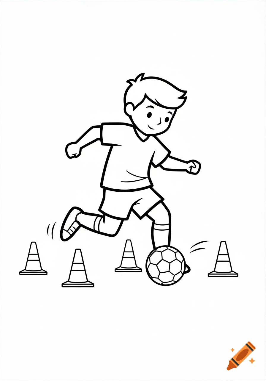 Black and white coloring page of a cartoon boy dribbling a soccer ball around four cones.