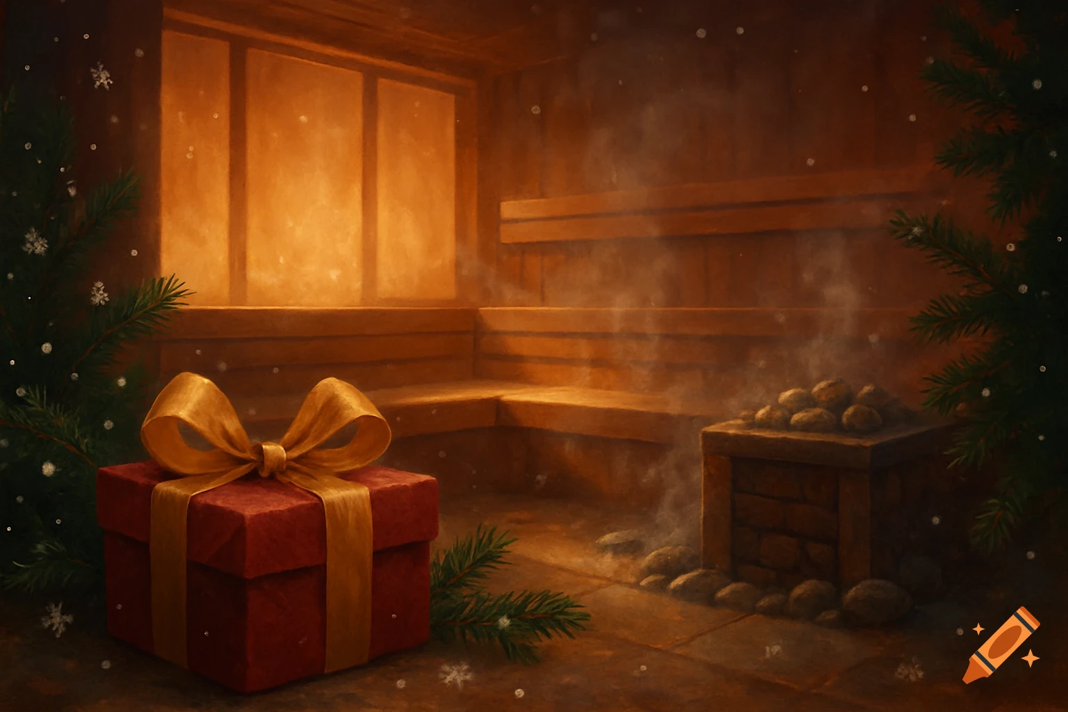 A festive red gift box with a gold ribbon sits in a steamy wooden sauna with fir branches and snowflakes, glowing warmly.