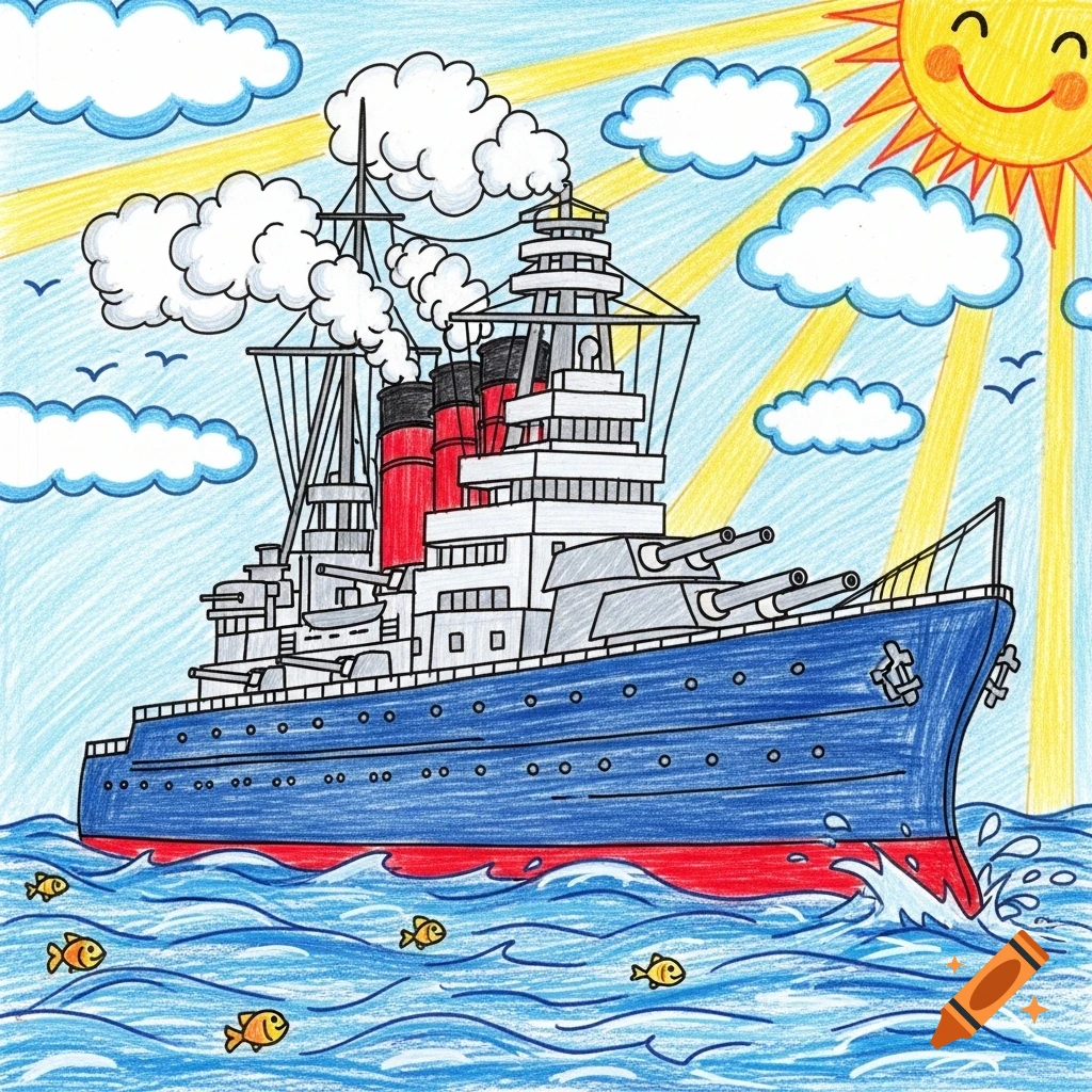 A child's crayon drawing of a blue battleship with red accents sailing on a wavy ocean under a blue sky with a smiling sun and clouds.