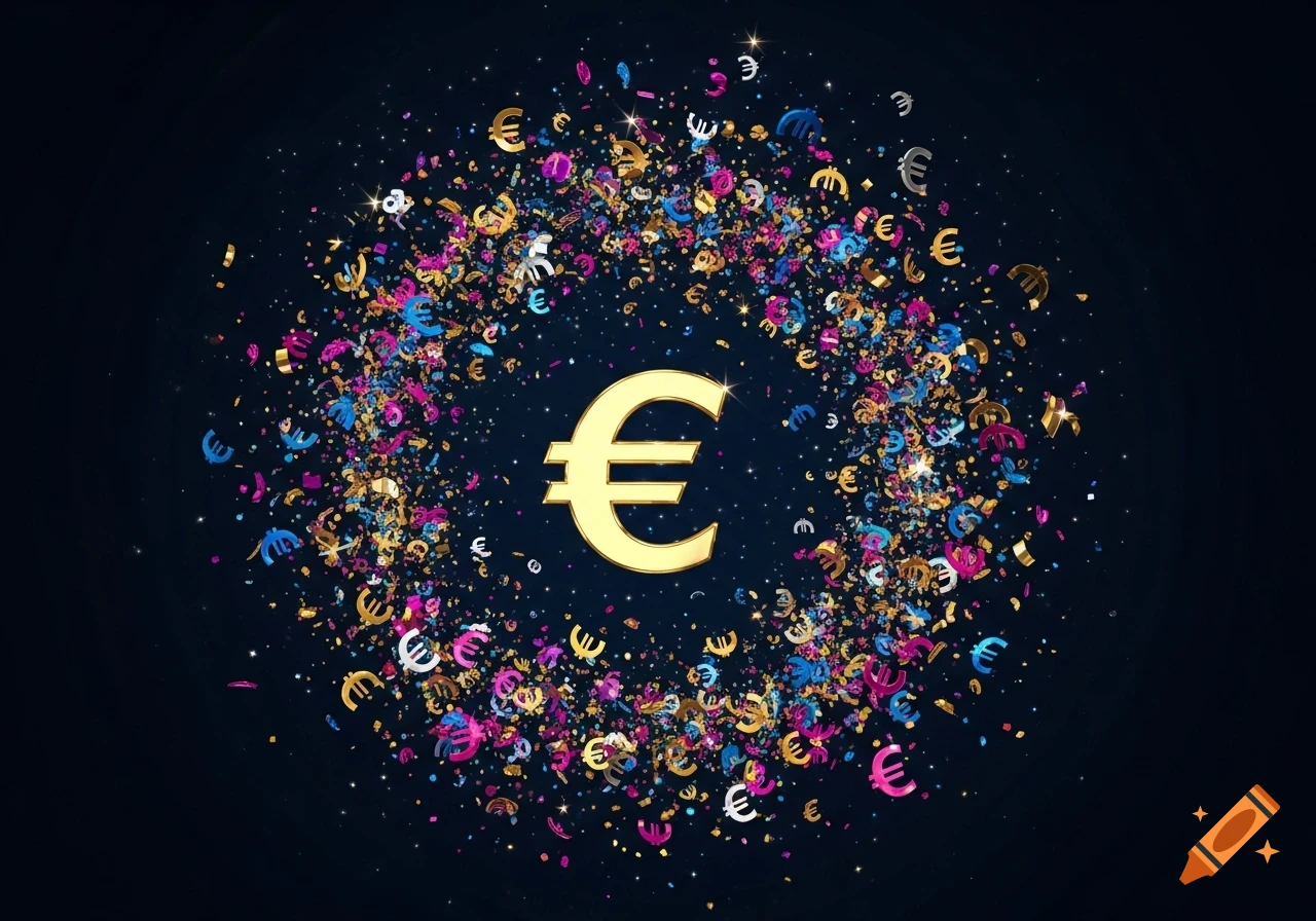 A golden euro symbol surrounded by a vibrant, swirling circle of smaller colorful euro symbols and confetti against a dark background.