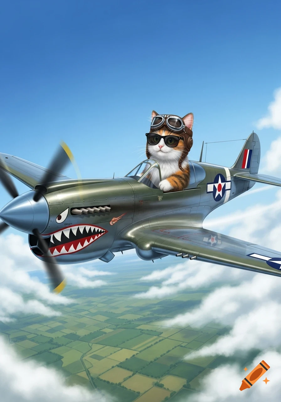 Fuzzy calico cat in sunglasses and aviator gear pilots a vintage P-40 fighter plane over green fields.