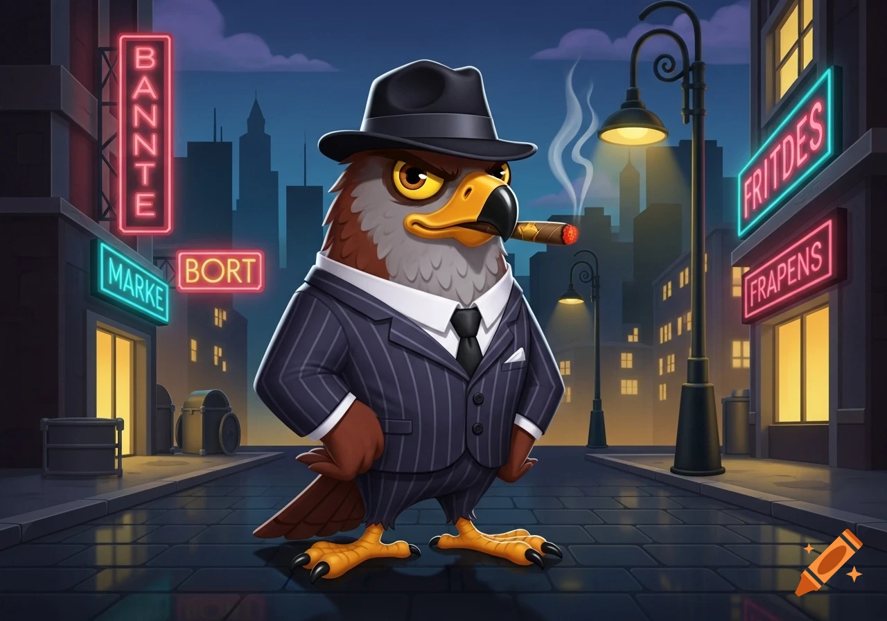 A cartoon hawk dressed as a gangster in a pinstripe suit and fedora, smoking a cigar, stands on a city street at night with neon signs.