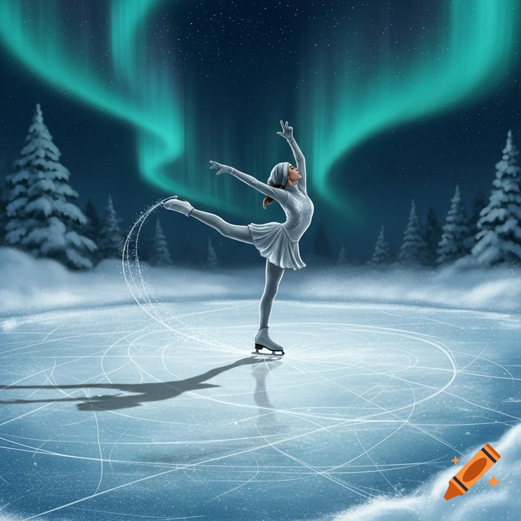 A female ice skater gracefully poses on an ice rink, surrounded by snowy trees under a vibrant green aurora borealis night sky.