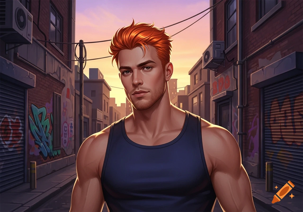 An illustrated man with orange hair and a slight beard, wearing a dark blue tank top, stands in a city alleyway with graffiti-covered walls at sunset.