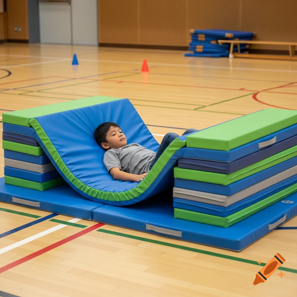 A child lies on their back on blue and green gym mats in a school gym, appearing to rest.