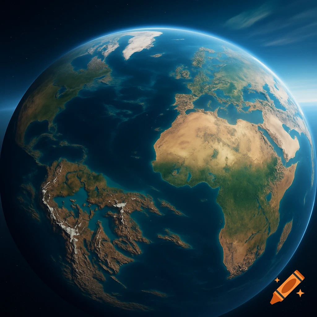 A detailed, stylized view of Earth from space, showing continents without polar ice and altered coastlines due to rising sea levels.