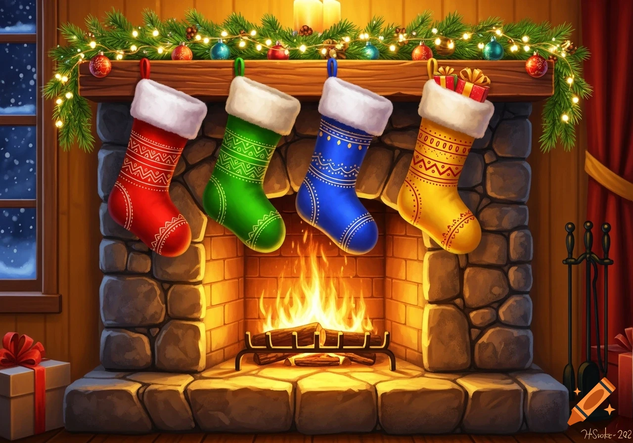 A vibrant Christmas fireplace with four brightly colored stockings (red, green, blue, yellow), garland, and lights, a roaring fire, and gifts on the floor.