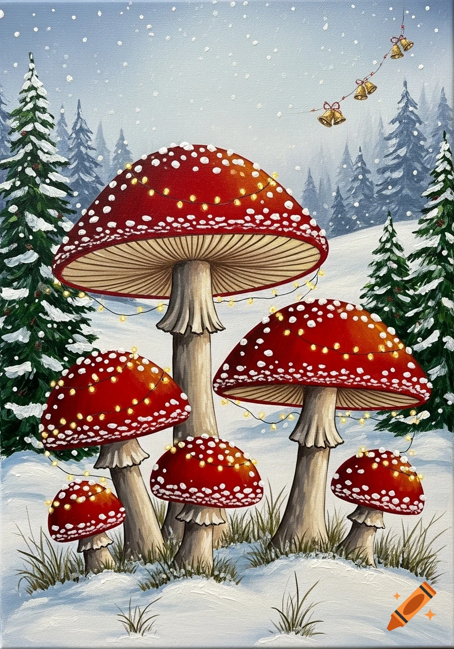Acrylic painting of festive red mushrooms with Christmas lights in a snowy forest, with jingle bells overhead.