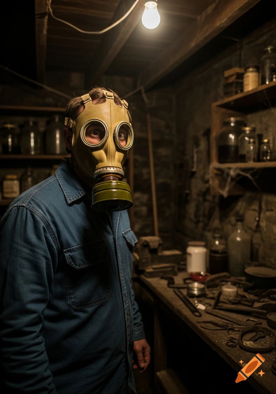 Man in a yellow gas mask and blue denim shirt stares forward in a dimly lit, cluttered basement.