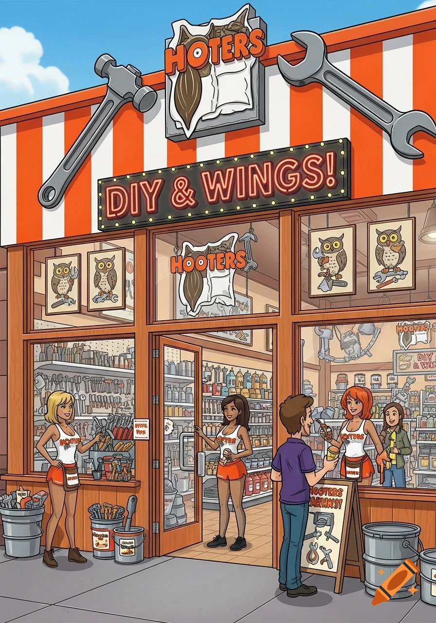 Cartoon image of a 'Hooters DIY & Wings' store with Hooters girls working inside and outside, a man at the entrance, and owls holding tools in window frames.
