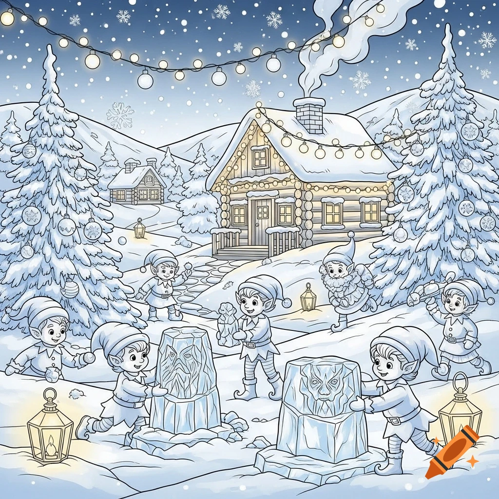 A black and white coloring page of a snowy Christmas scene with elves, a cabin, decorated trees, and ice sculptures.