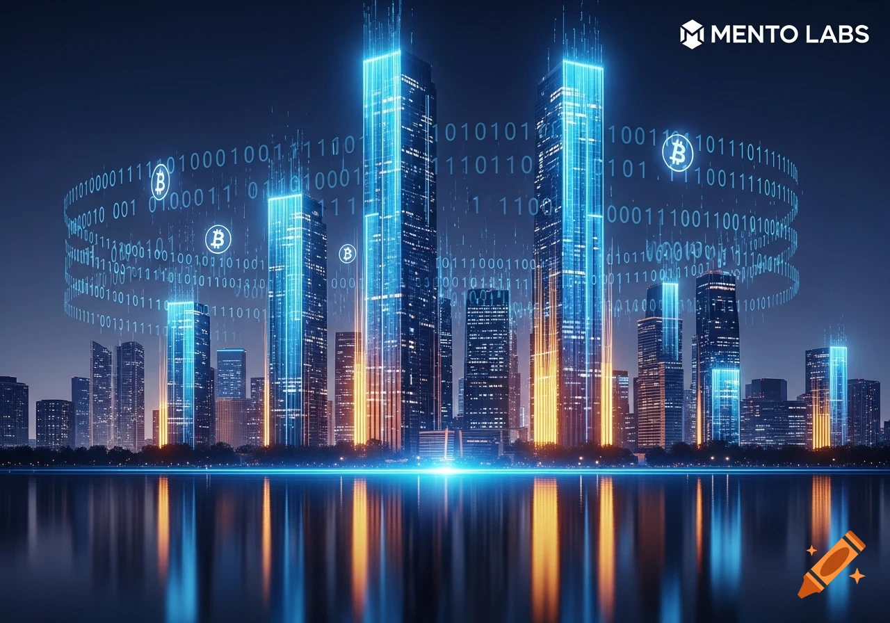 Futuristic city skyline at night with glowing blue skyscrapers, binary code, and Bitcoin symbols floating above, reflected in water. MENTO LABS logo.