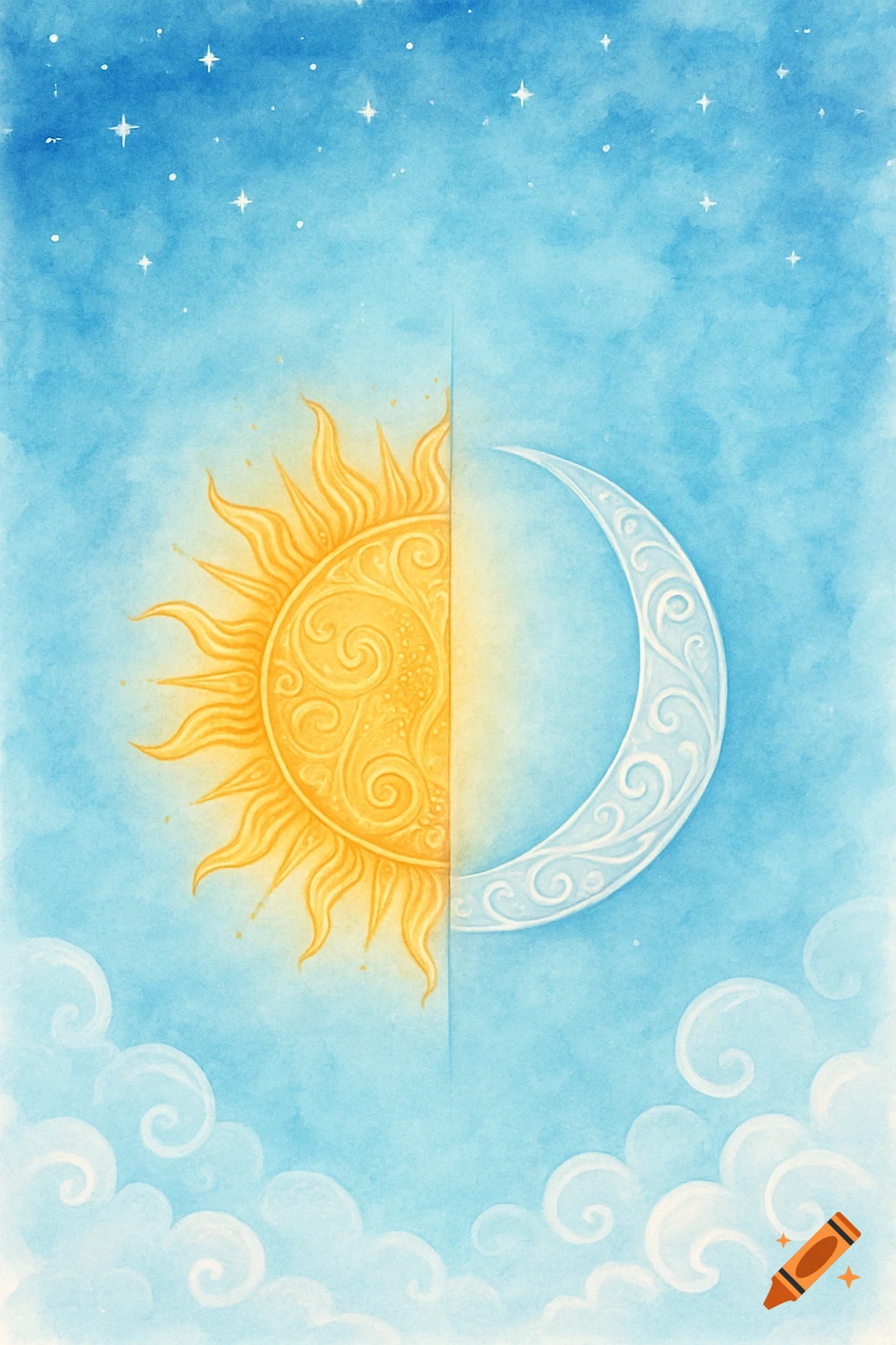 A watercolor illustration of an ornate golden sun and a silver crescent moon split by a vertical line, set against a blue sky with stars and clouds.