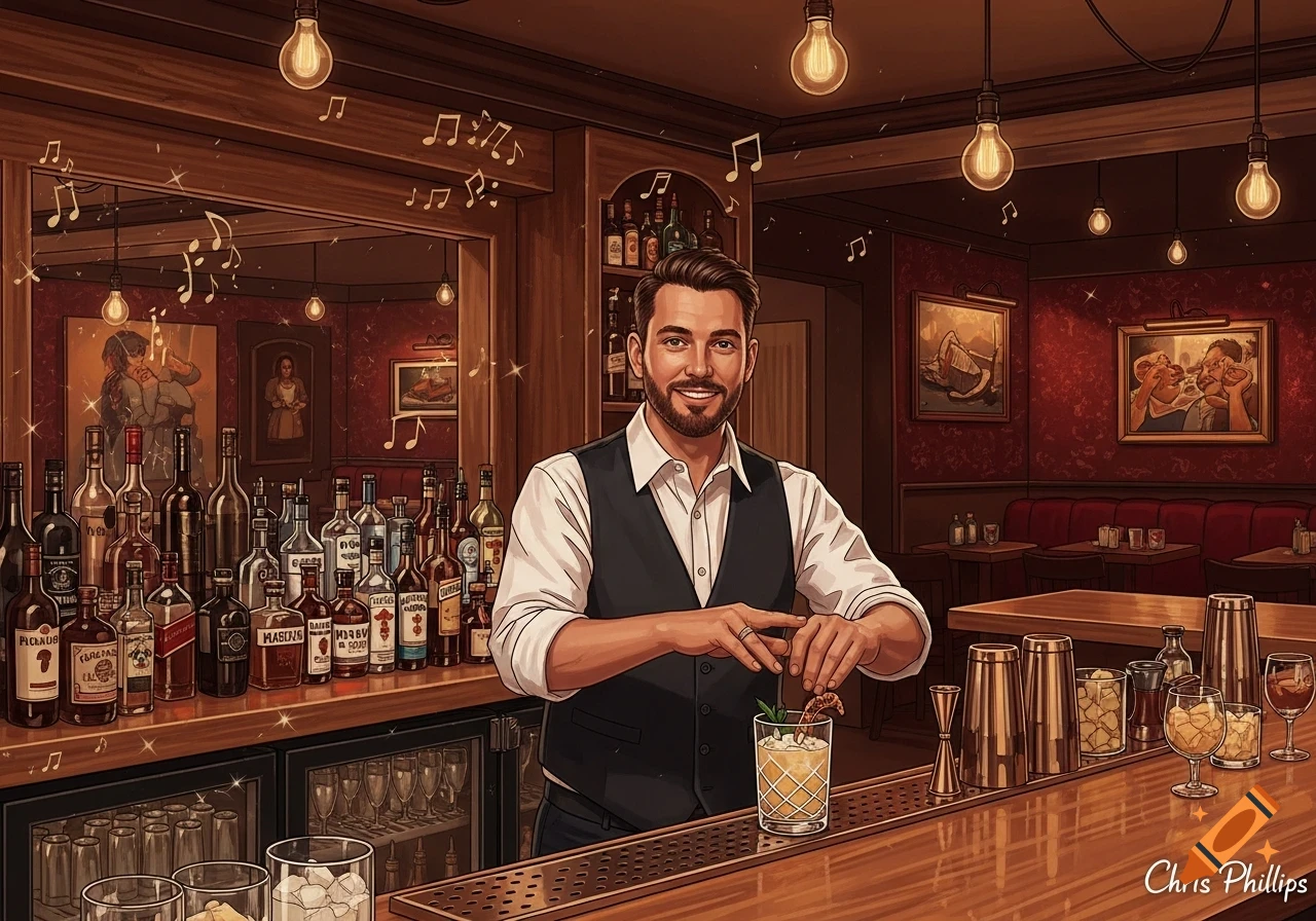 A smiling male bartender in a white shirt and black vest crafts a cocktail at a dimly lit bar counter, surrounded by bottles and musical notes. Stylized illustration.