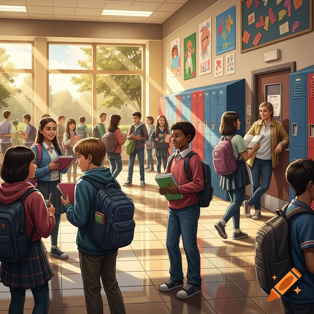 A brightly lit school hallway with students carrying backpacks and books, a teacher leaning on lockers, and colorful posters on the walls.