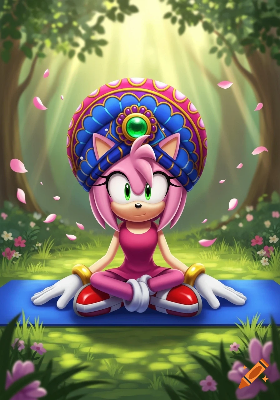 Cartoon Amy Rose in a colorful turban and pink dress meditating on a blue yoga mat in a sunlit forest with falling petals.