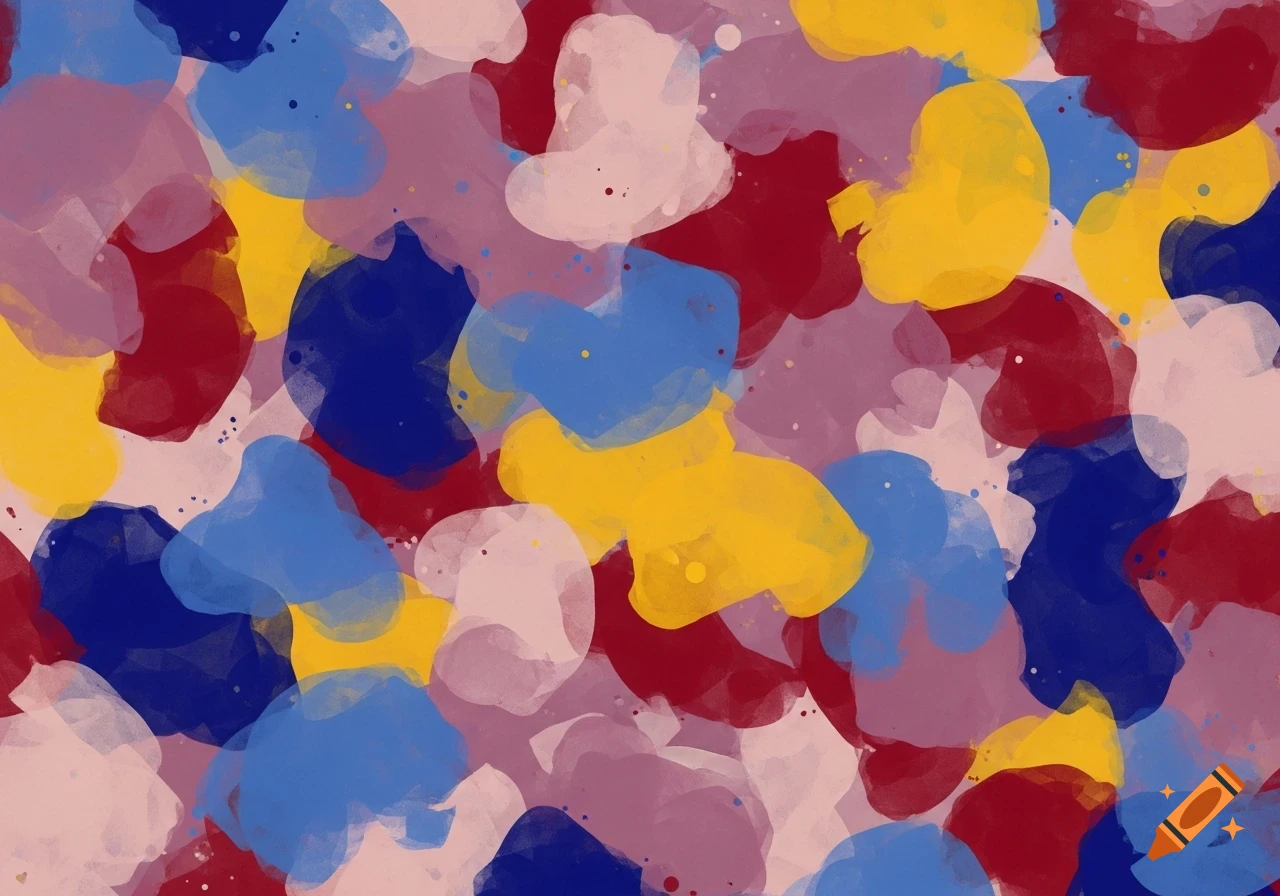 Abstract painting with overlapping watercolor-style blobs in shades of blue, yellow, red, and mauve.