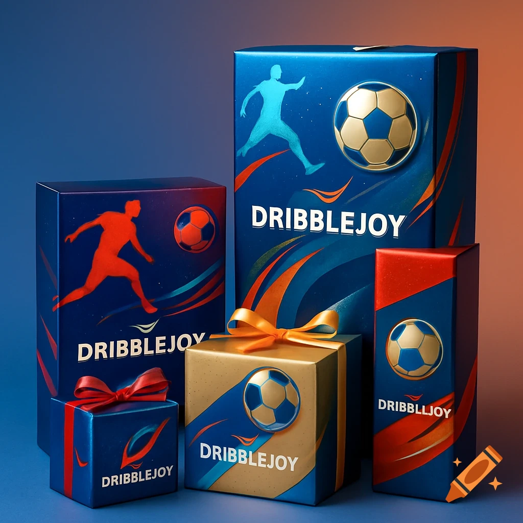A collection of blue and gold gift boxes, some with red or orange accents, featuring soccer player silhouettes, soccer balls, and the brand name DribbleJoy.