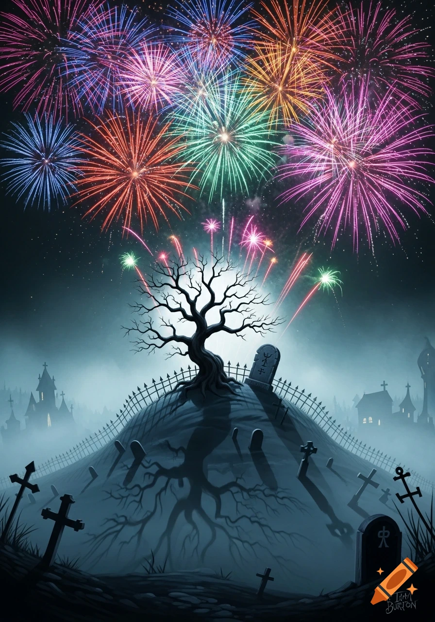 A stylized graveyard hill with a spooky, bare tree and gravestones, illuminated by colorful fireworks exploding in the dark sky, in a Tim Burton-esque style.