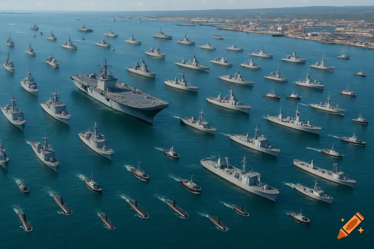 An aerial view of a massive naval fleet, including an aircraft carrier, frigates, and submarines, sailing in formation near a port city under a clear sky.