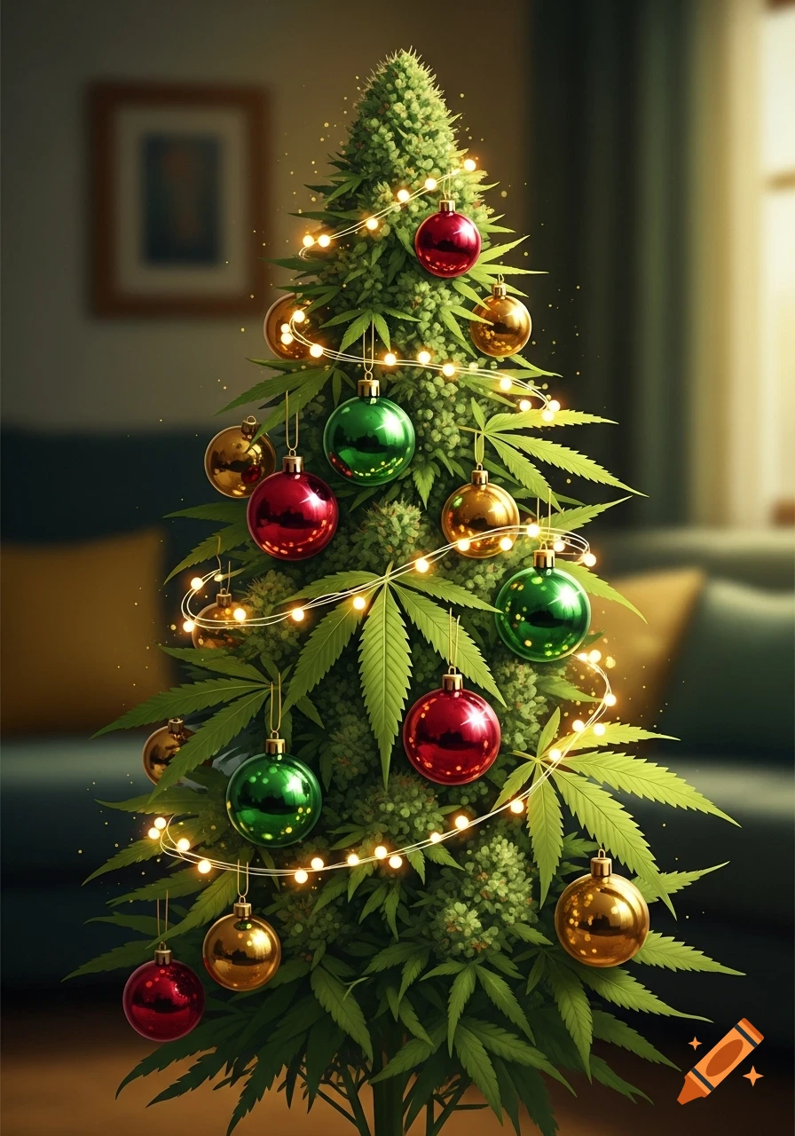 A photorealistic cannabis plant adorned as a Christmas tree with red, green, and gold ornaments, and glowing string lights.