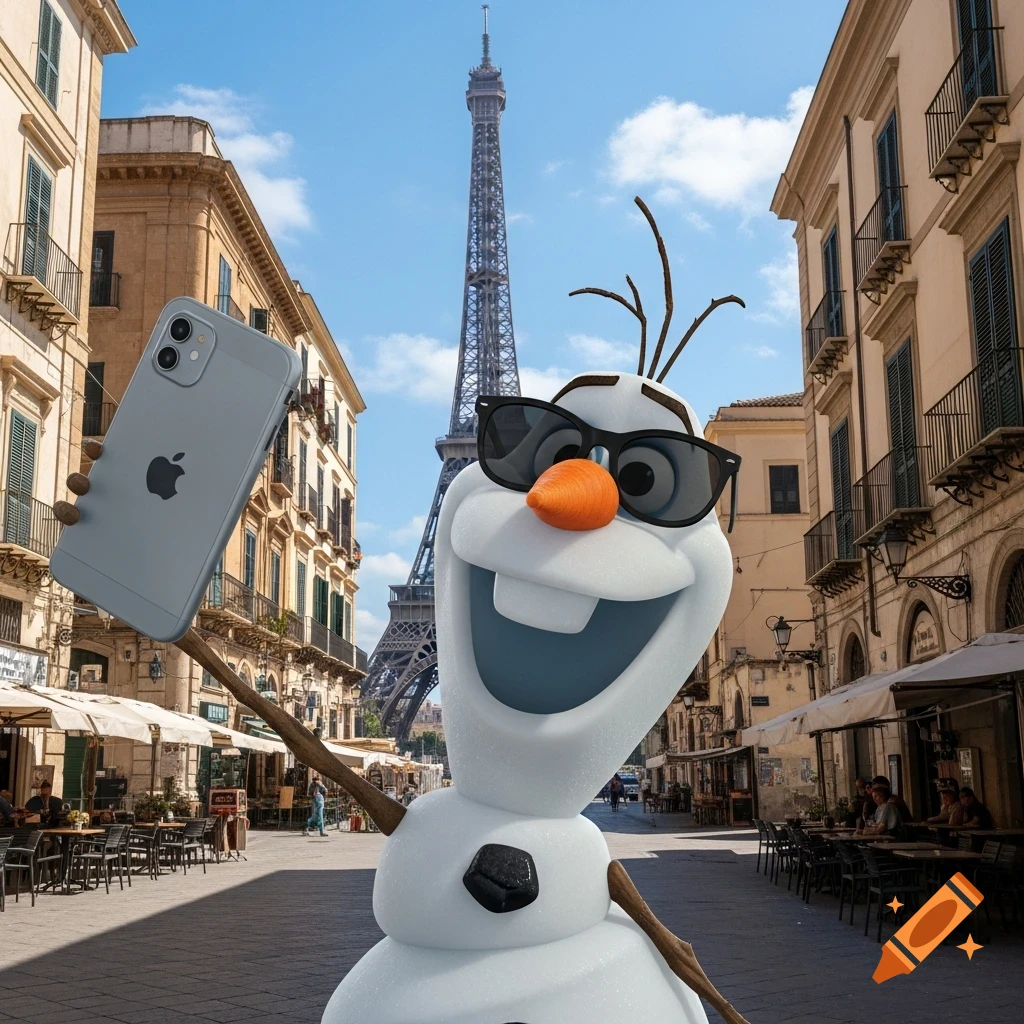 Olaf from Frozen takes a selfie with a smartphone in a European city, the Eiffel Tower visible in the background.