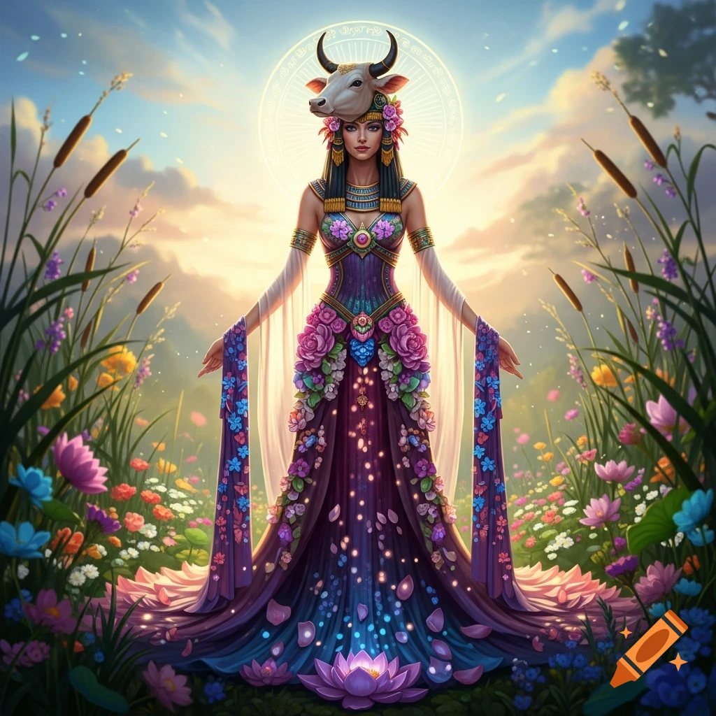 Hathor, the Goddess of Love, with a cow's head, in a vibrant floral dress, stands in a colorful flower field at sunrise.