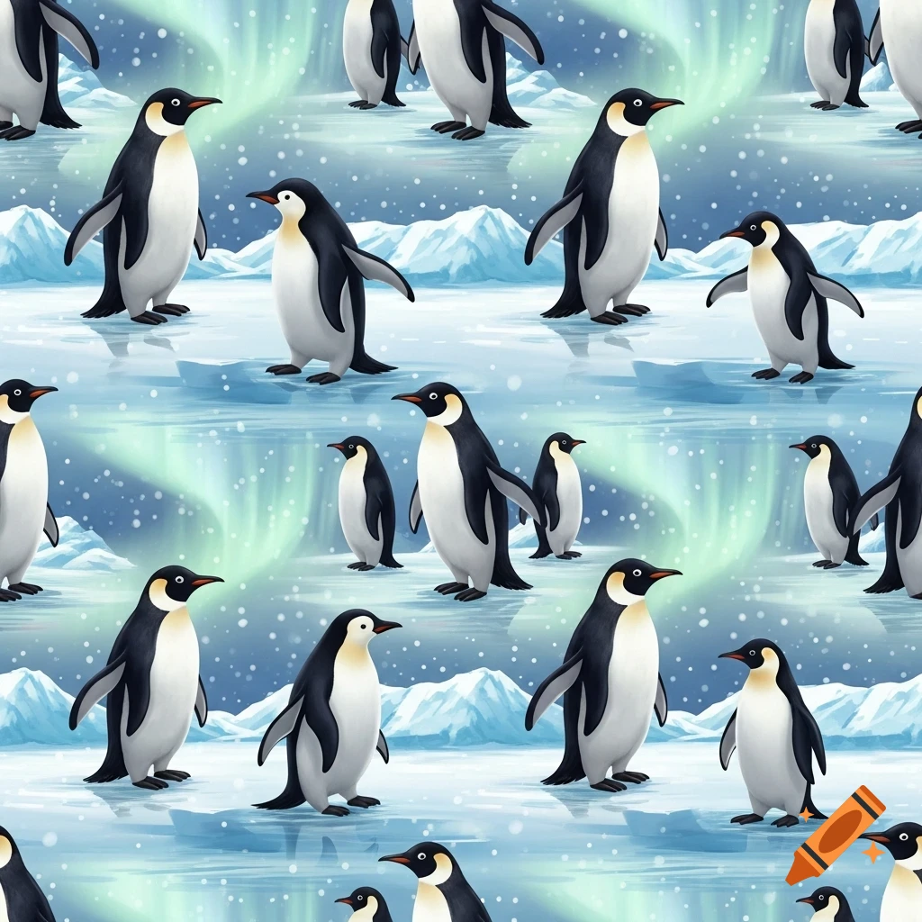 Seamless pattern of illustrated penguins on an icy landscape with snowy mountains and a green aurora borealis.