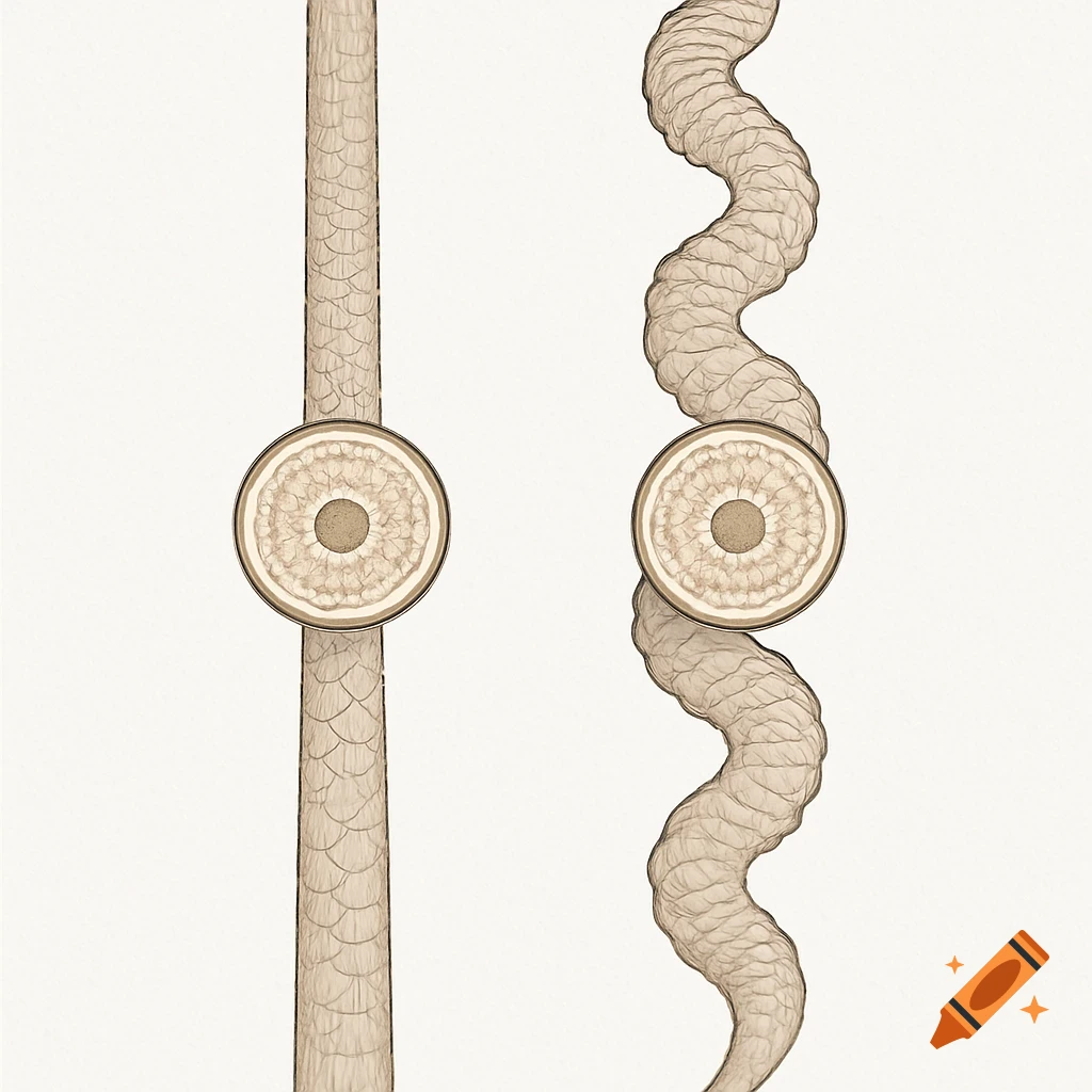 A diagram showing a straight and a wavy hair strand, both with magnified cross-sections displaying their internal structure and cuticles.