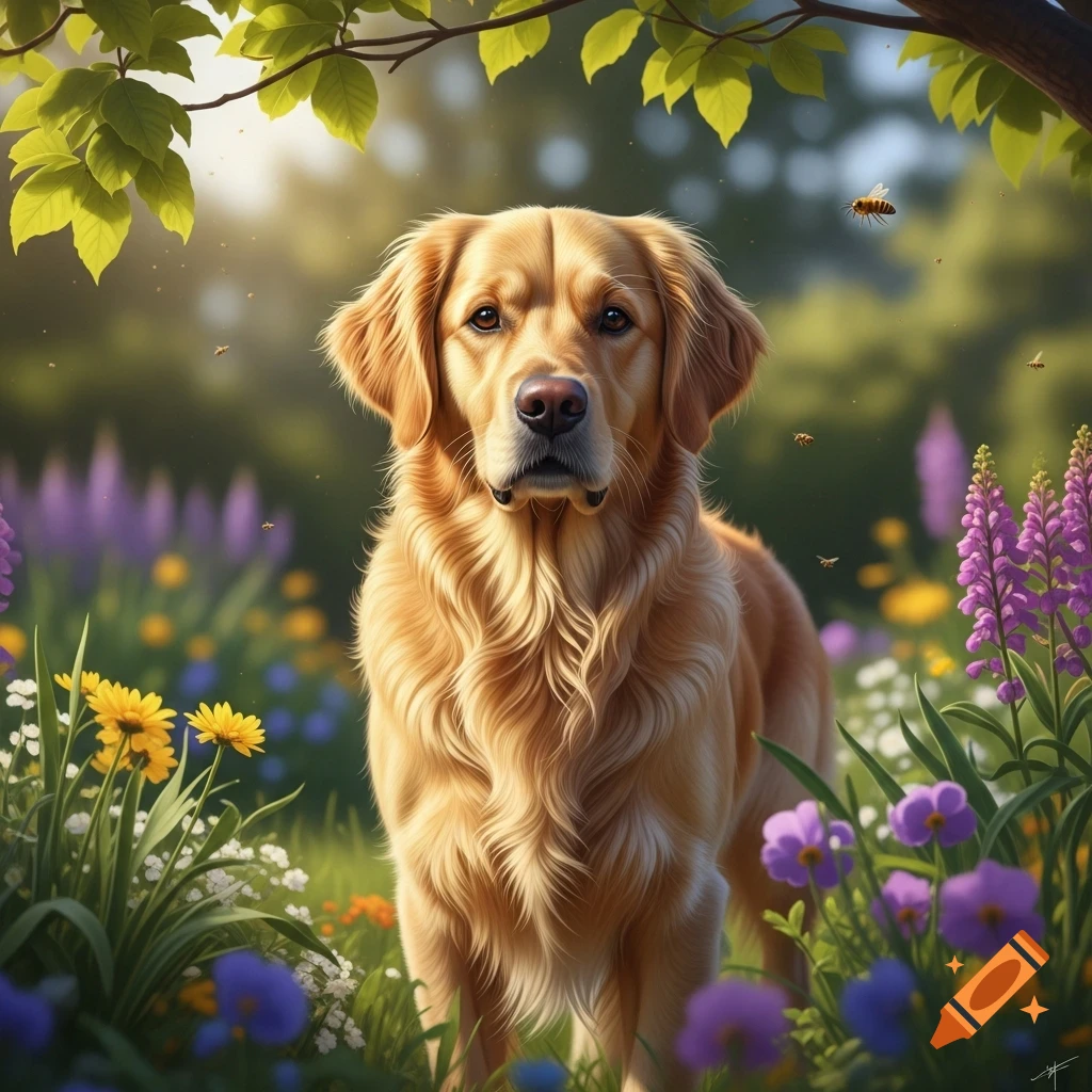 A photorealistic golden retriever dog stands in a vibrant field of ...