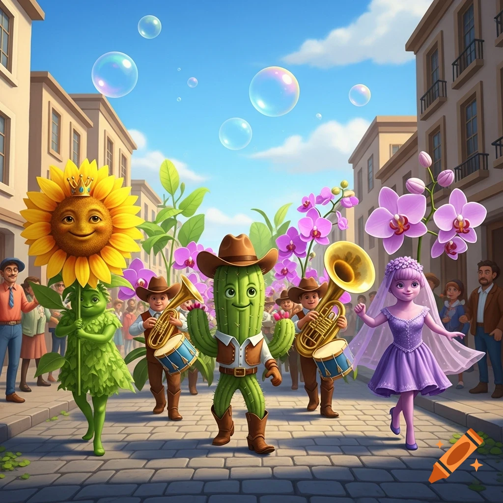 A whimsical cartoon parade features a sunflower with a crown, a cactus cowboy, a leaf-clad person, and an orchid-inspired girl dancing in a street with bubbles.