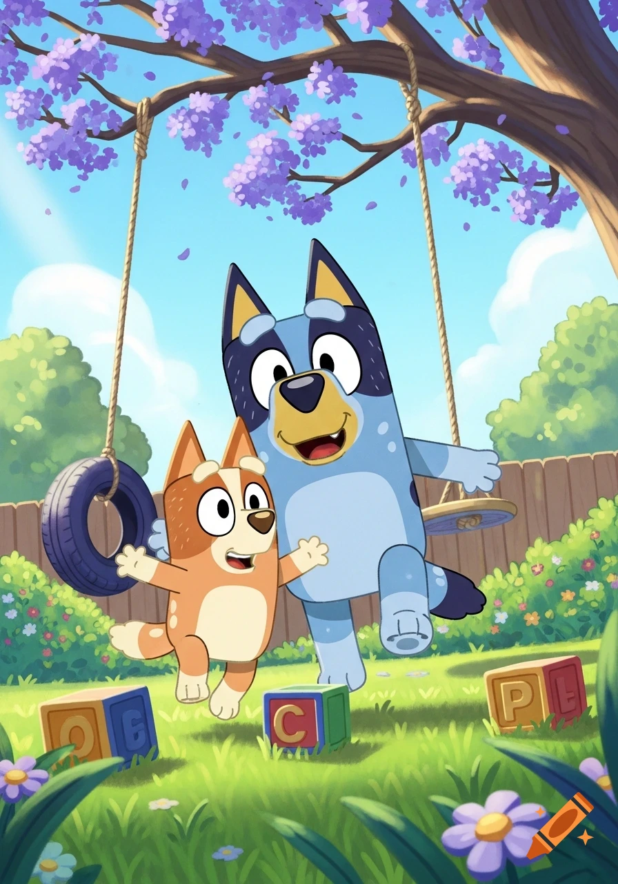 Bluey and Bingo, cartoon dogs, playing in a sunny backyard with a tire swing, a purple flowering tree, and building blocks.
